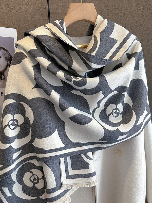 Knitted Flower Keep Warm Fringed Shawl&Scarf
