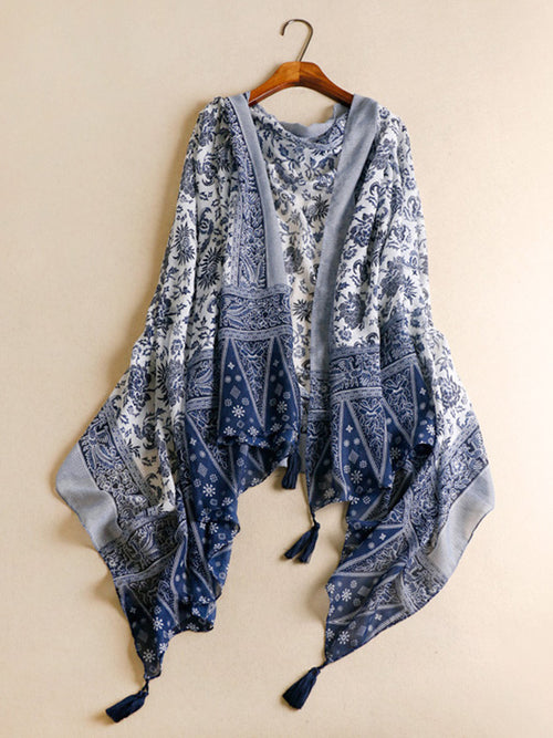 Printed Blue-And-White Sun-protection Tasseled Shawl&Scarf