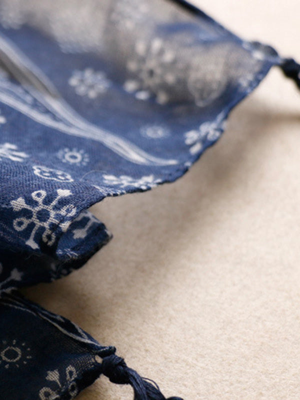 Printed Blue-And-White Sun-protection Tasseled Shawl&Scarf