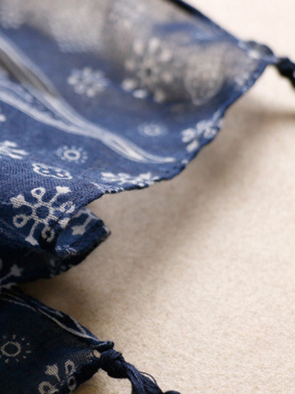 Printed Blue-And-White Sun-protection Tasseled Shawl&Scarf