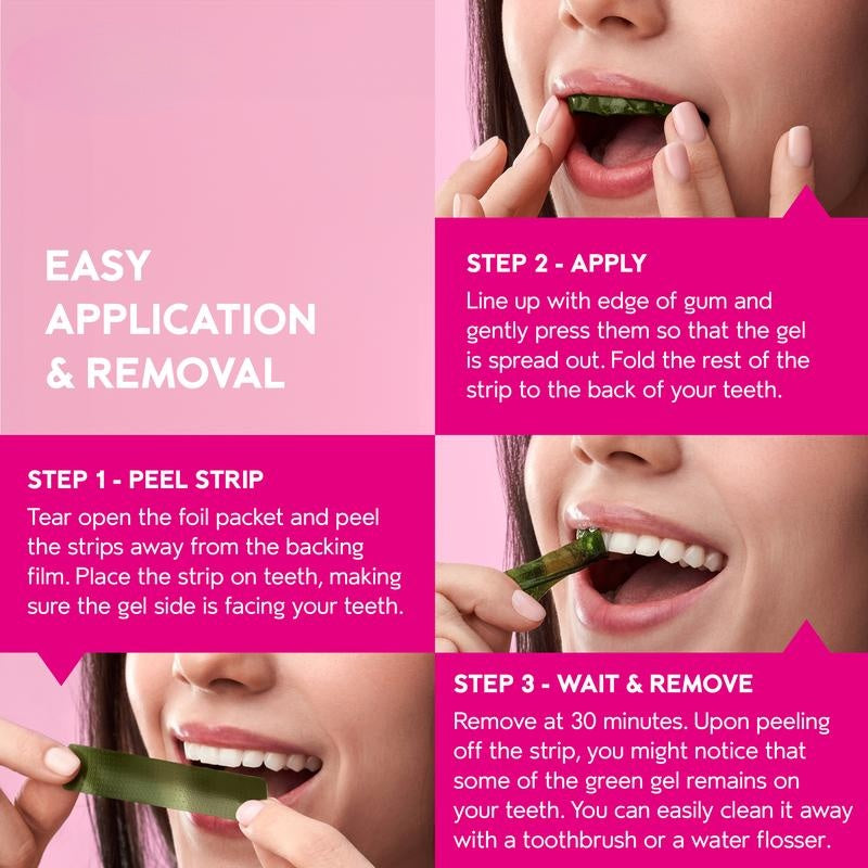 Teeth Whitening Strips 14 Treatments Kit, Peroxide Free Gentle Enamel Safe Green Strips, Instant Teeth Brightener w/ Coconut Oil