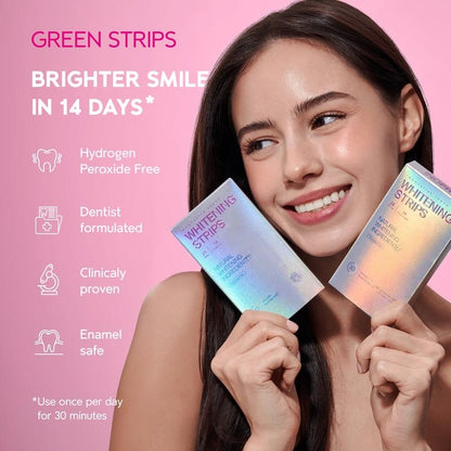 Teeth Whitening Strips 14 Treatments Kit, Peroxide Free Gentle Enamel Safe Green Strips, Instant Teeth Brightener w/ Coconut Oil