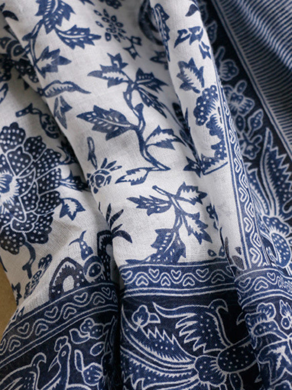 Printed Blue-And-White Sun-protection Tasseled Shawl&Scarf