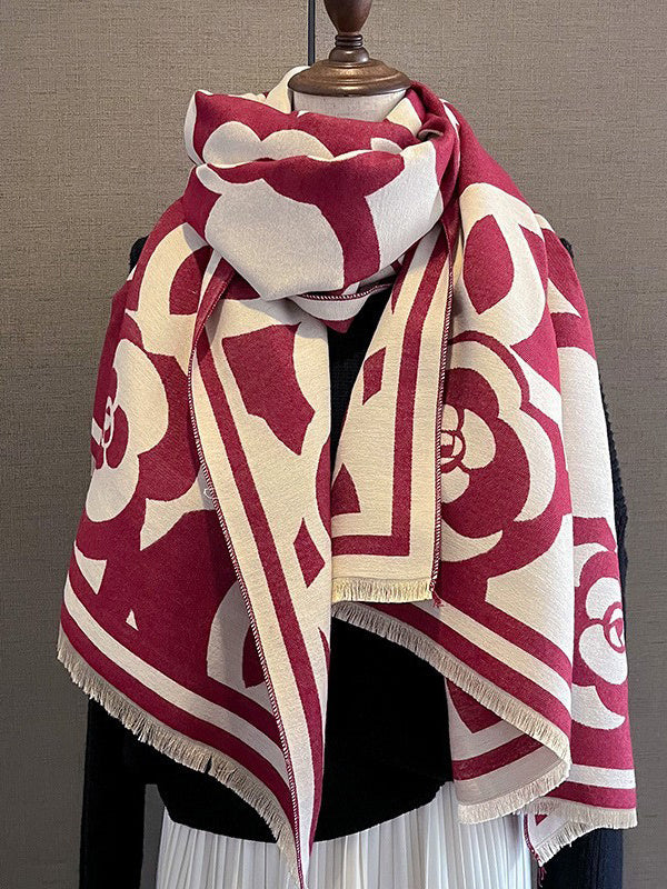 Knitted Flower Keep Warm Fringed Shawl&Scarf